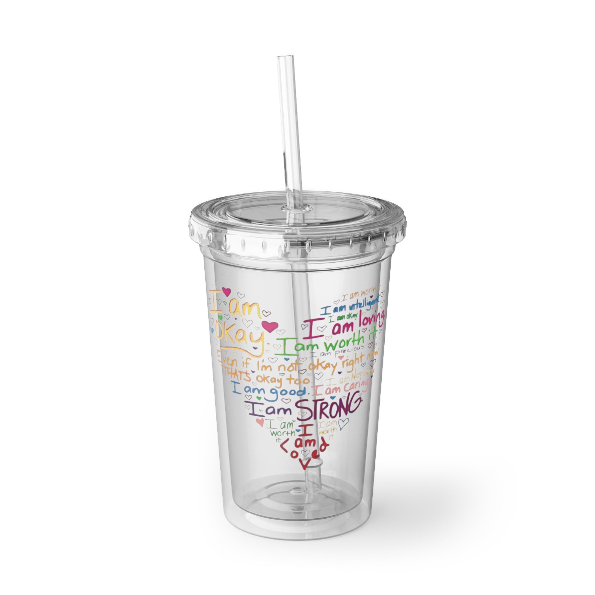 Affirmation Heart Acrylic Cup – Inspirational Reusable Tumbler with Positive Self-Love Quotes
